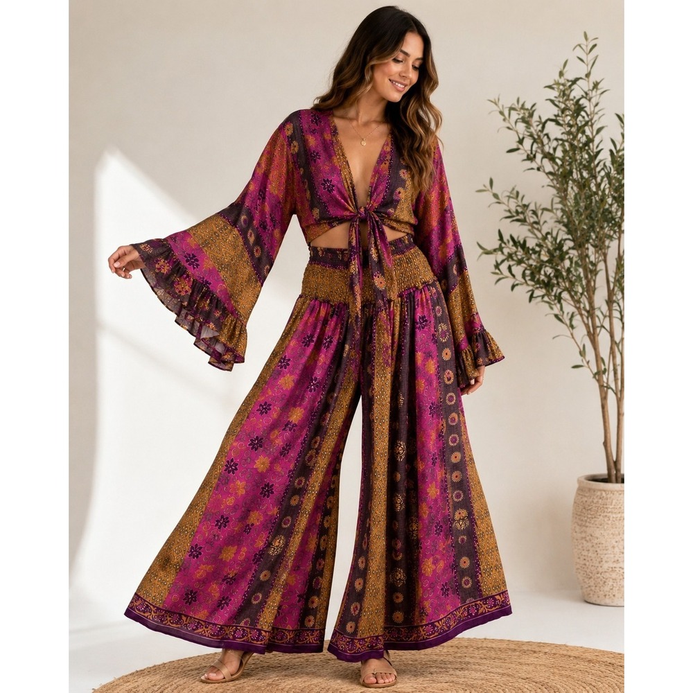 Karma N Crafts 100% Silk 2 Piece Set Wrap Top Palazzo Pants Boho One Size